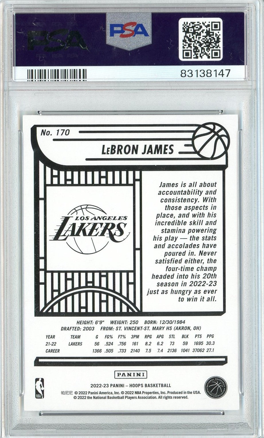 Graded 2022 Panini NBA Hoops LeBron James #170 Basketball Card PSA 10 Gem Mint