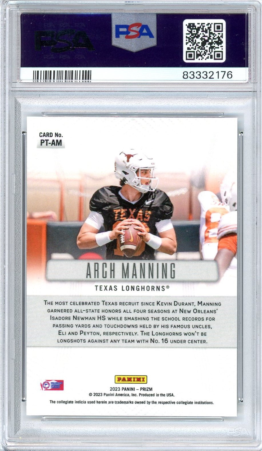 Graded 2023 Prizm Throwback Arch Manning #PTAM Rookie RC Football Card PSA 10 Gem Mint