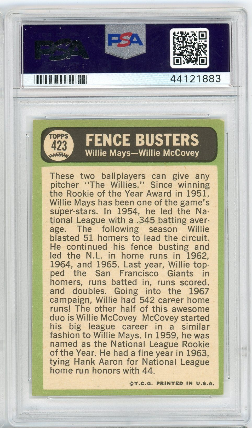 Graded 1967 Topps Fence Busters Willie Mays Willie McCovey #423 Baseball Card PSA 6 EX-MT