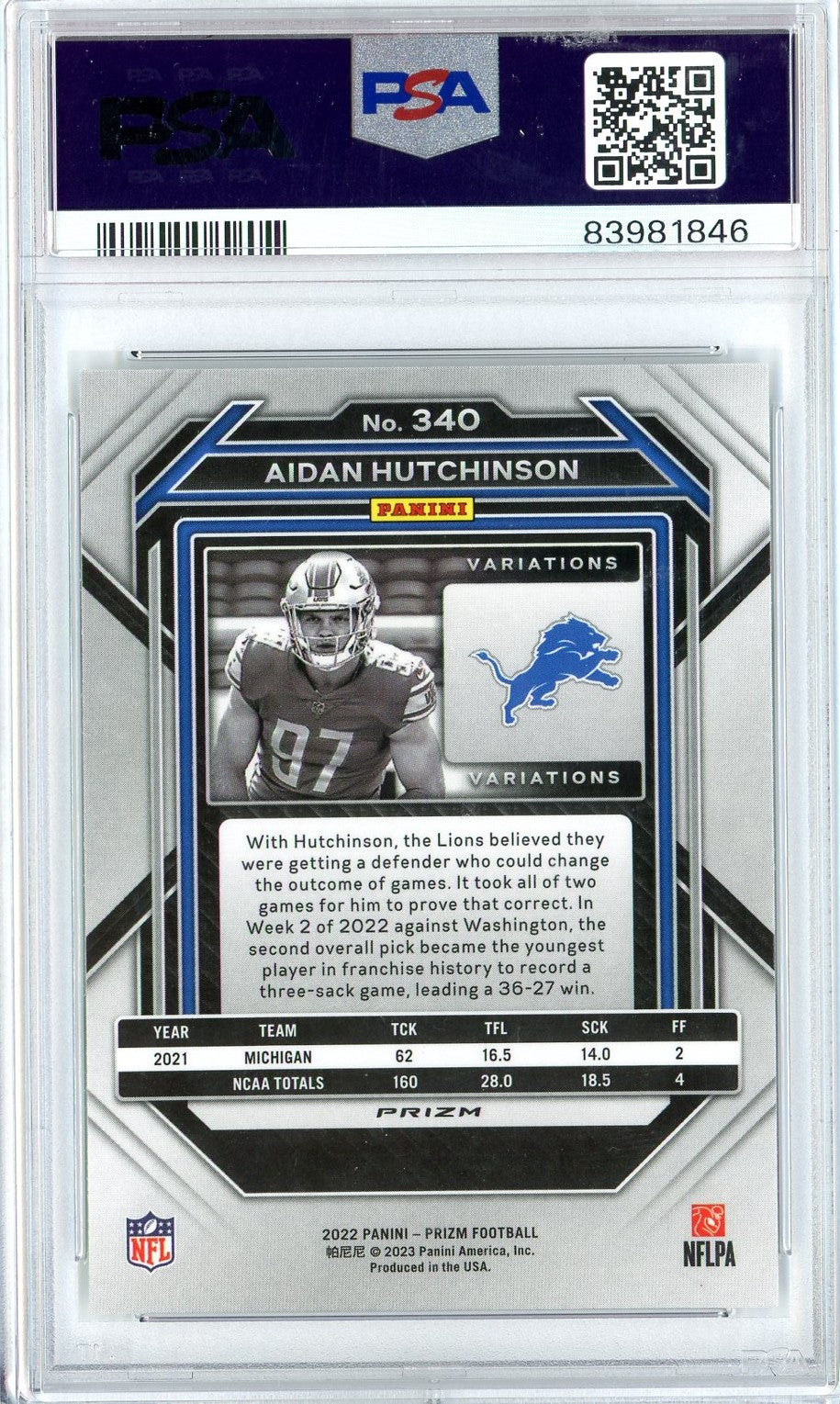 Graded 2022 Prizm Aidan Hutchinson #340 Variation Rookie RC Football Card PSA 10