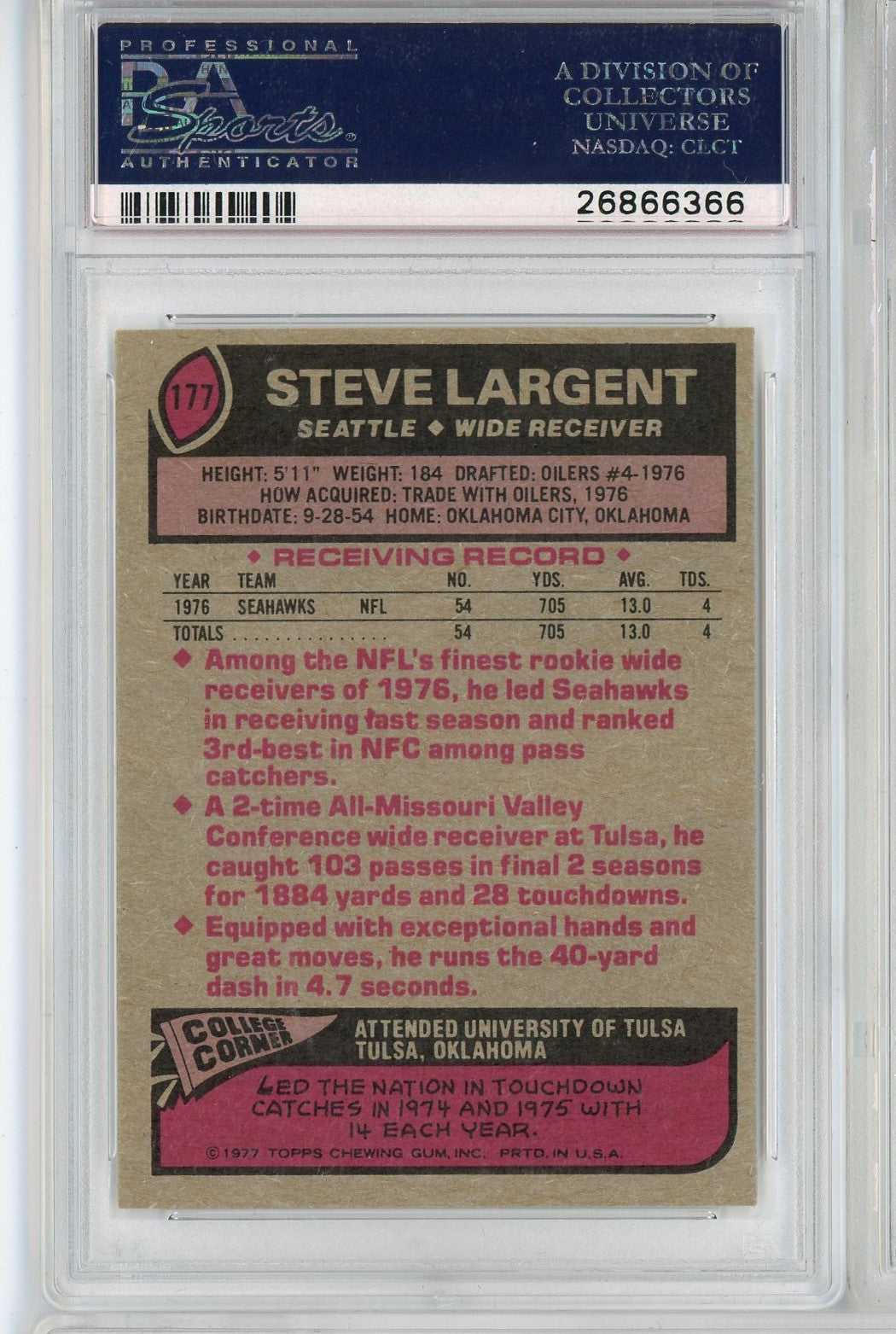 Graded 1977 Topps Steve Largent #177 Rookie RC Football Card PSA 9 OC Mint