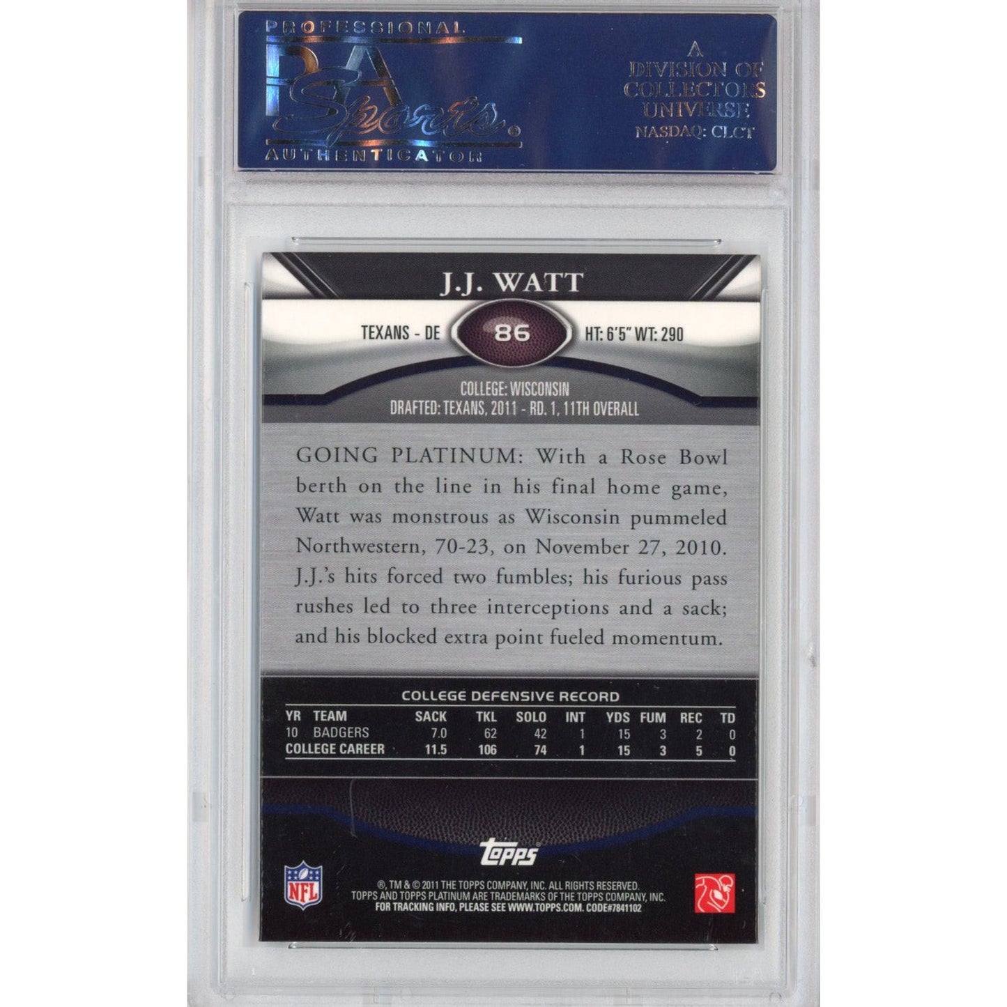 Graded 2011 Topps Platinum JJ J.J. Watt #86 Xfractor Rookie RC Football Card PSA 10 Gem Mint