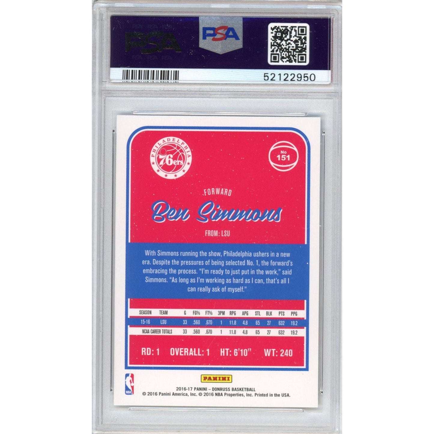 Graded 2016-17 Panini Donruss Ben Simmons #151 Rookie RC Basketball Card PSA 10 Gem Mint