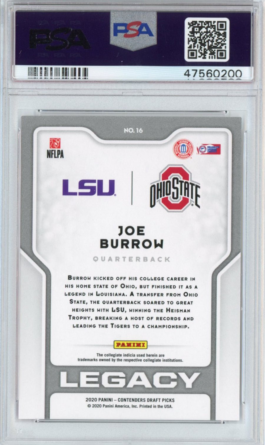Graded 2020 Panini Contenders DP Draft Picks Joe Burrow #16 Legacy Rookie RC Football Card PSA 10 Gem Mint