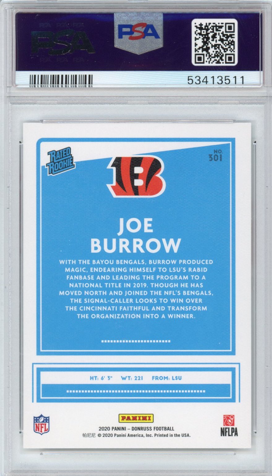 Graded 2020 Panini Donruss Joe Burrow #301 Canvas Rookie RC Football Card PSA 10 Gem Mint