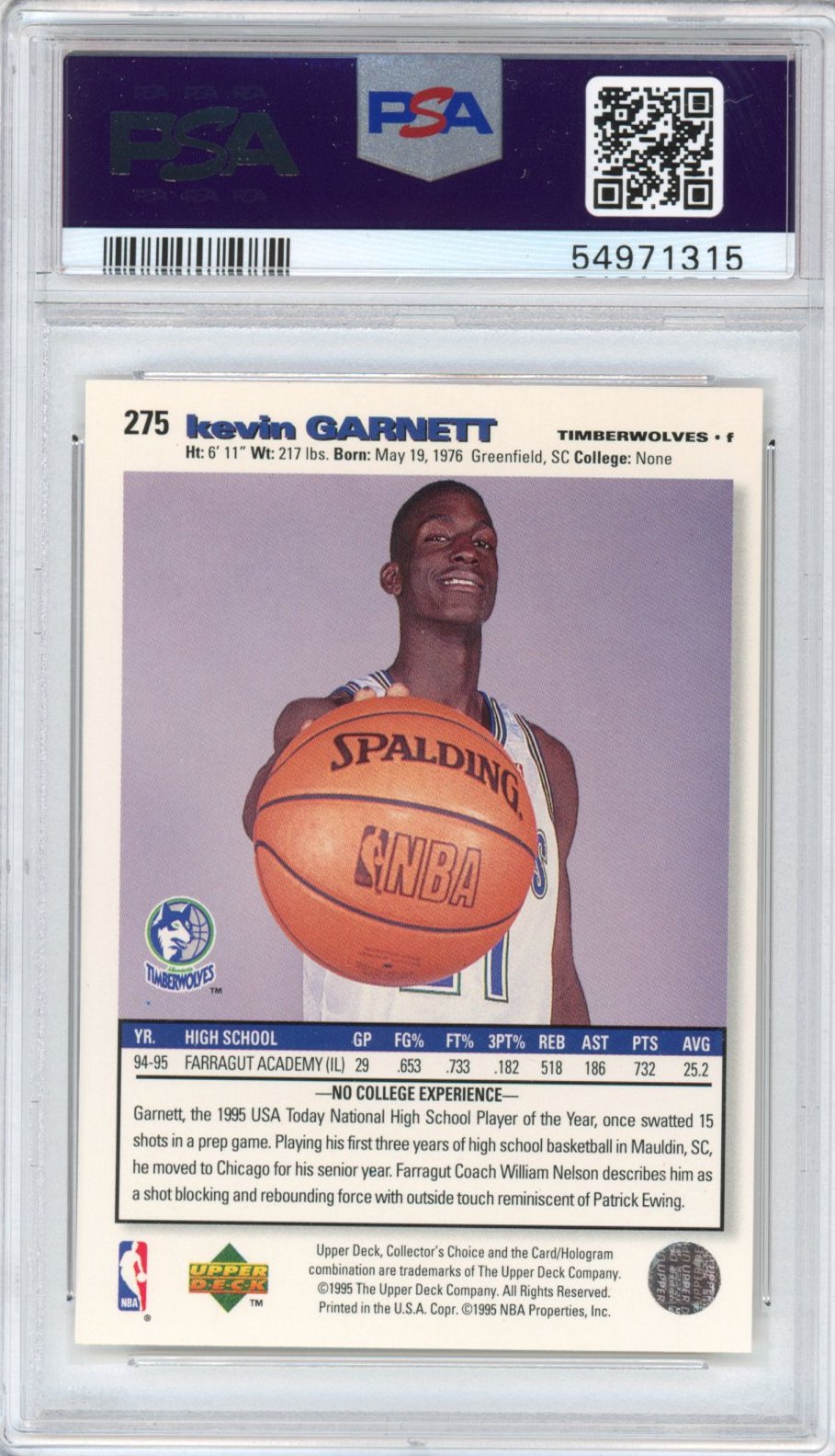 Graded 1995-96 Upper Deck UD Collector's Choice Kevin Garnett #275 Rookie RC Basketball Card PSA 10 Gem Mint
