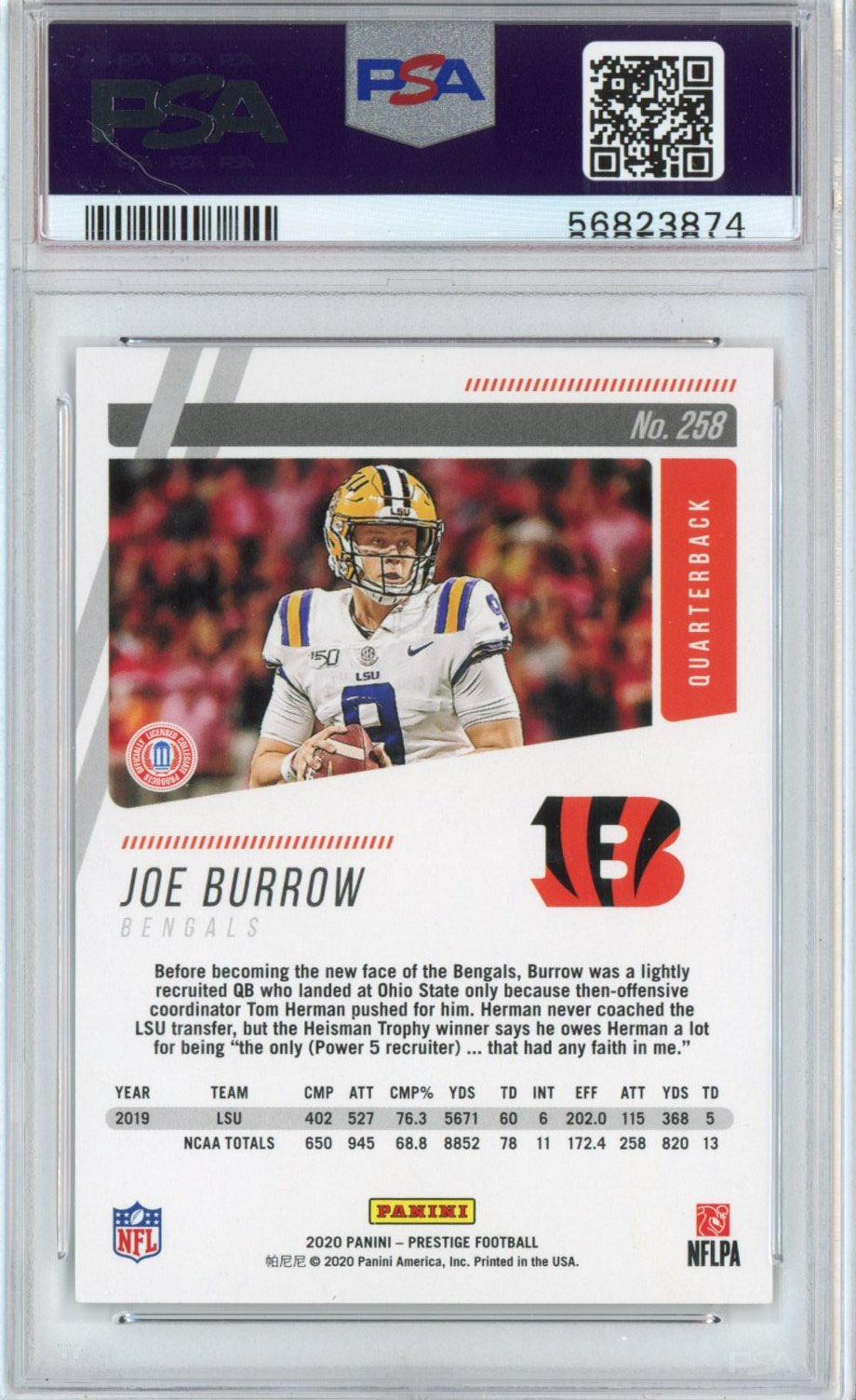 Graded 2020 Panini Prestige Joe Burrow #258 Rookie RC Football Card PSA 9 Mint