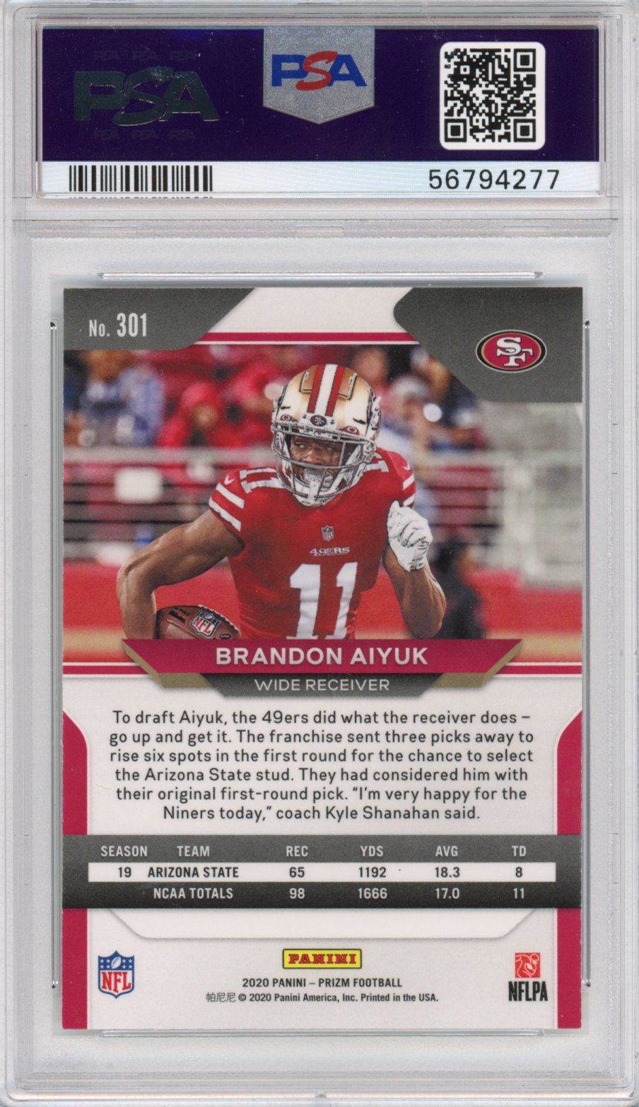 Graded 2020 Panini Prizm Brandon Aiyuk #301 Rookie RC Football Card PSA 10 Gem Mint