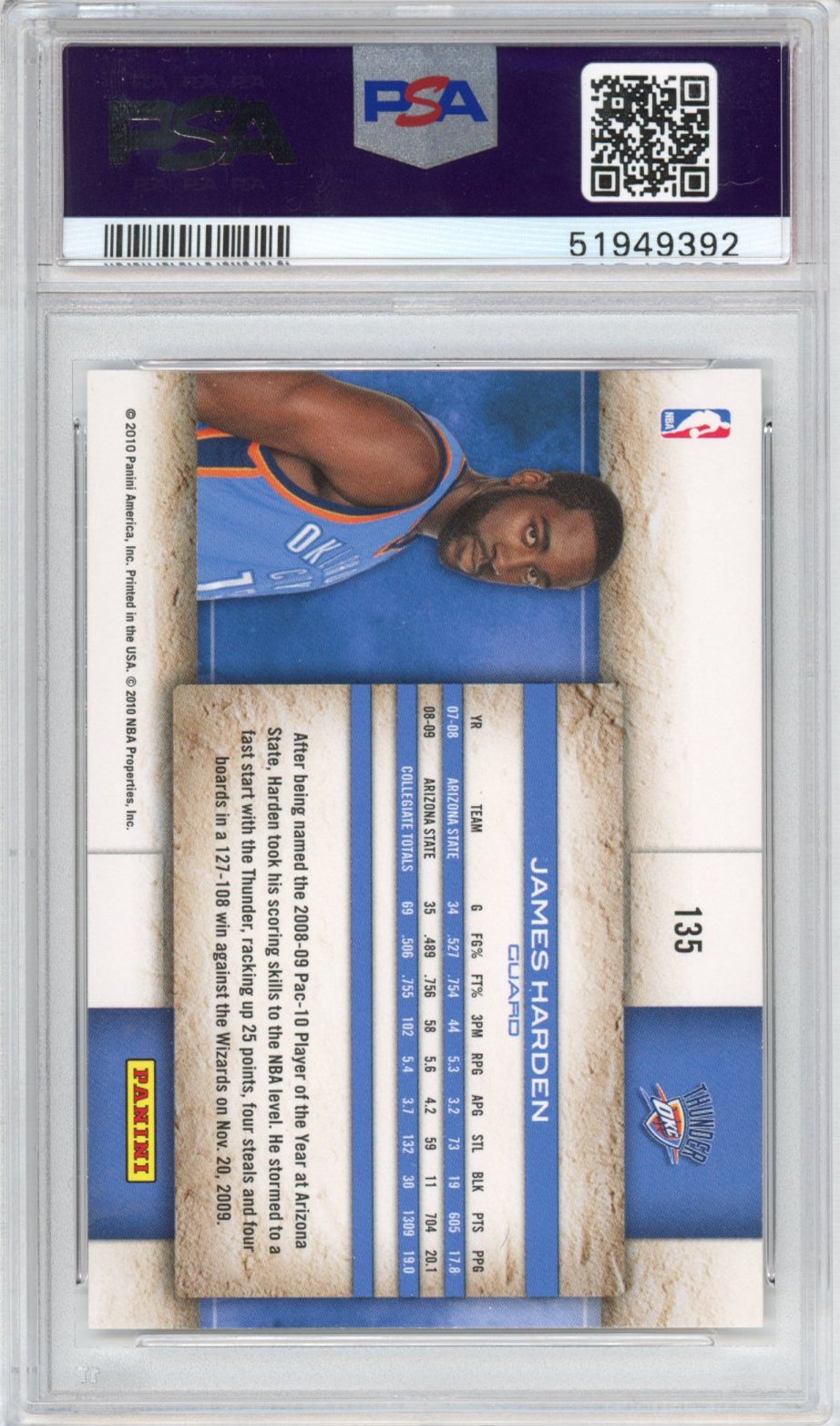 Graded 2009-10 Panini Studio James Harden #135 Rookie RC Basketball Card PSA 10 Gem Mint