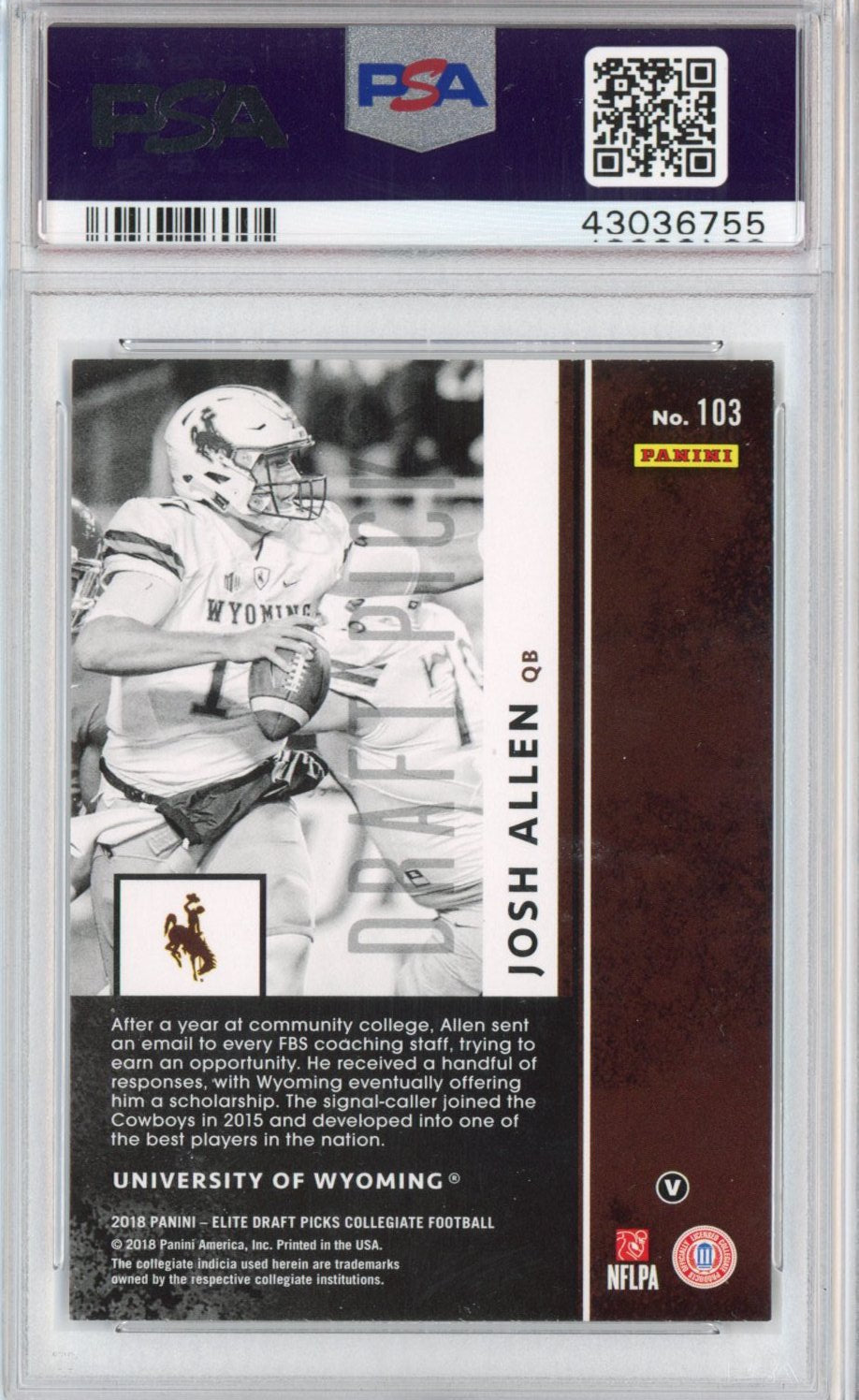 Graded 2018 Panini Elite DP College Draft Picks Josh Allen #103 White Jersey Rookie RC Football Card PSA 10 Gem Mint