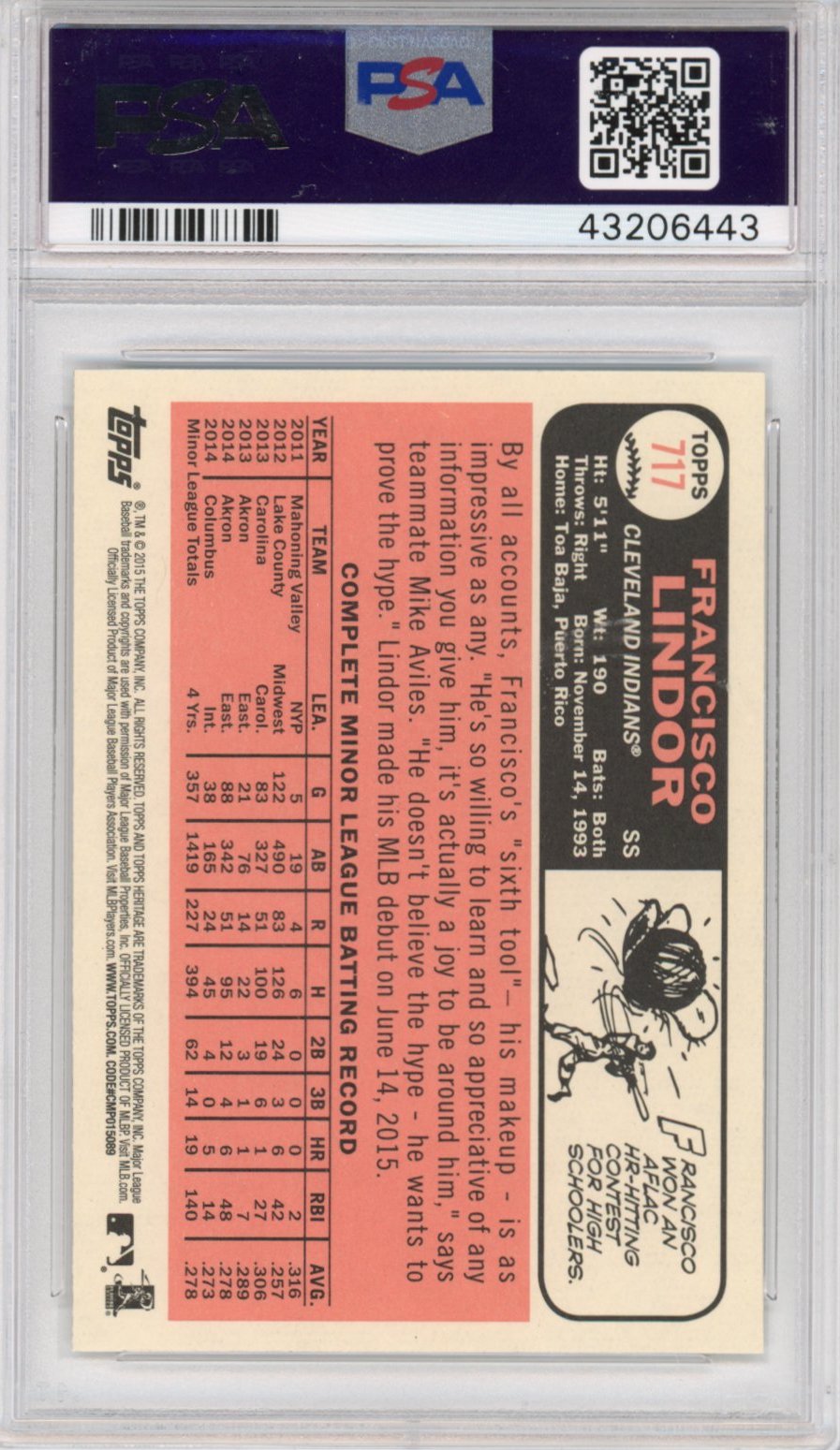 Graded 2015 Topps Heritage Francisco Lindor #717 White Jersey Rookie RC Baseball Card PSA 10 Gem Mint