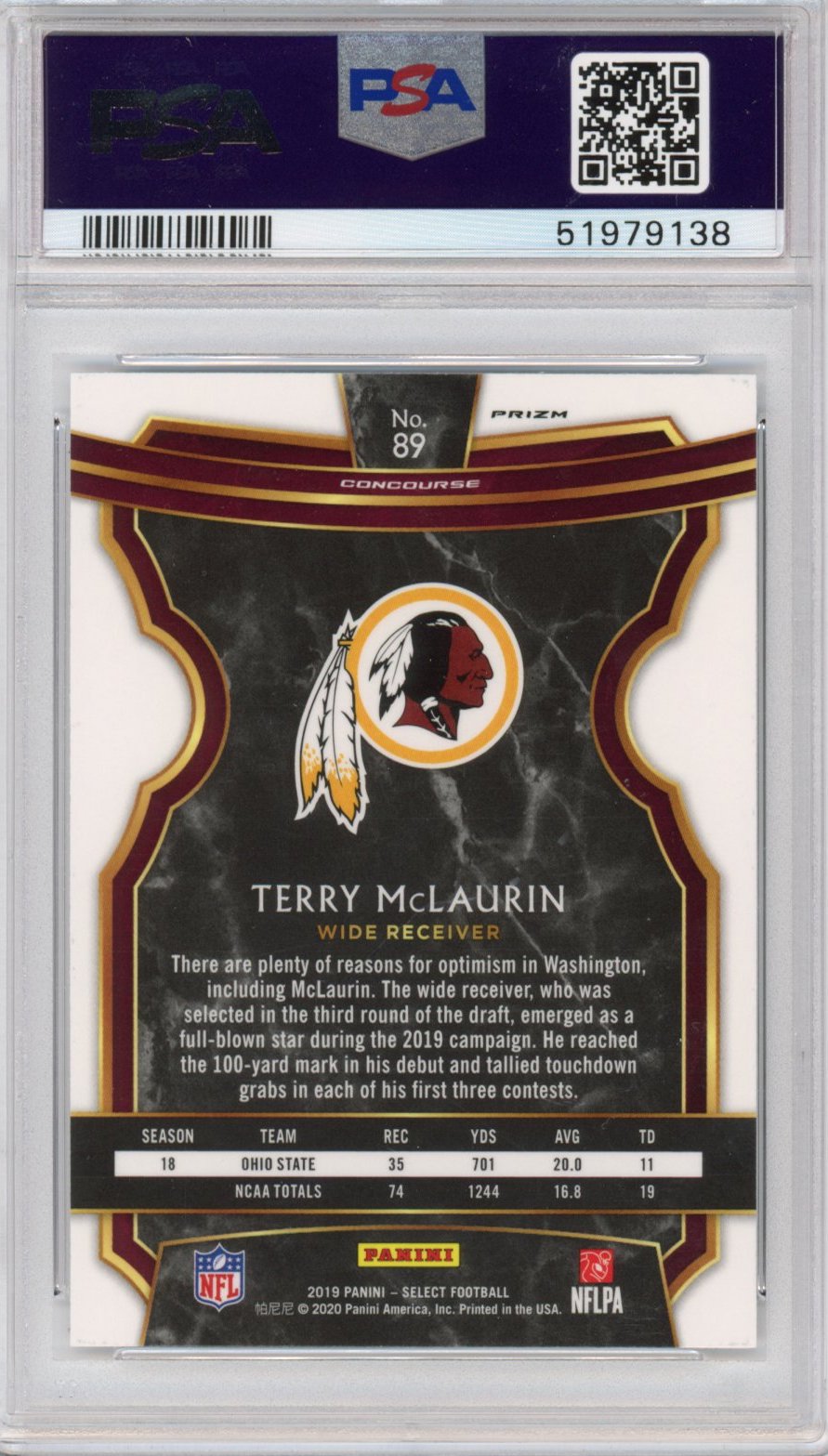 Graded 2019 Panini Select Terry McLaurin #89 Silver Prizm Rookie RC Football Card PSA 10 Gem Mint