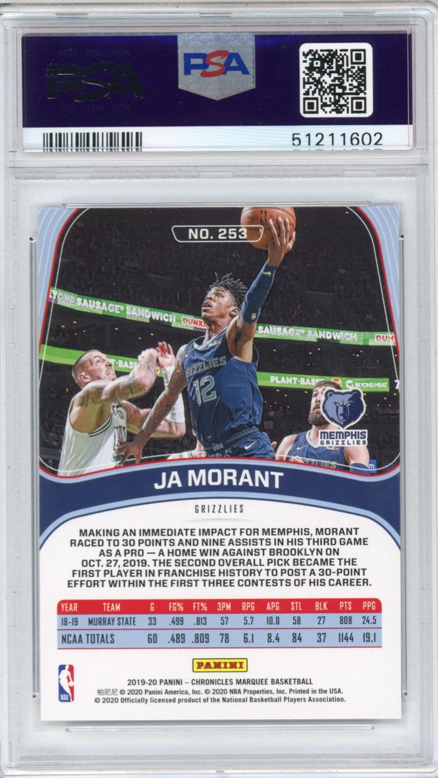 Graded 2019-20 Panini Chronicles Ja Morant #253 Marquee Rookie RC Basketball Card PSA 10 Gem Mint