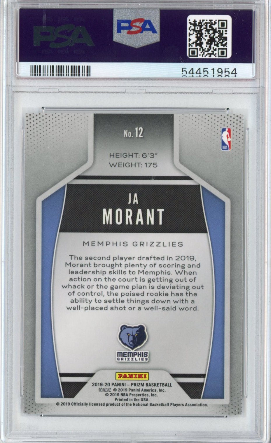 Graded 2019-20 Panini Prizm Ja Morant #12 Instant Impact Rookie RC Basketball Card PSA 10 Gem Mint