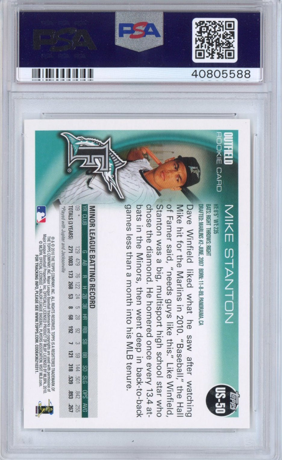 Graded 2010 Topps Update Mike Giancarlo Stanton #US50 Rookie RC Baseball Card PSA 10 Gem Mint