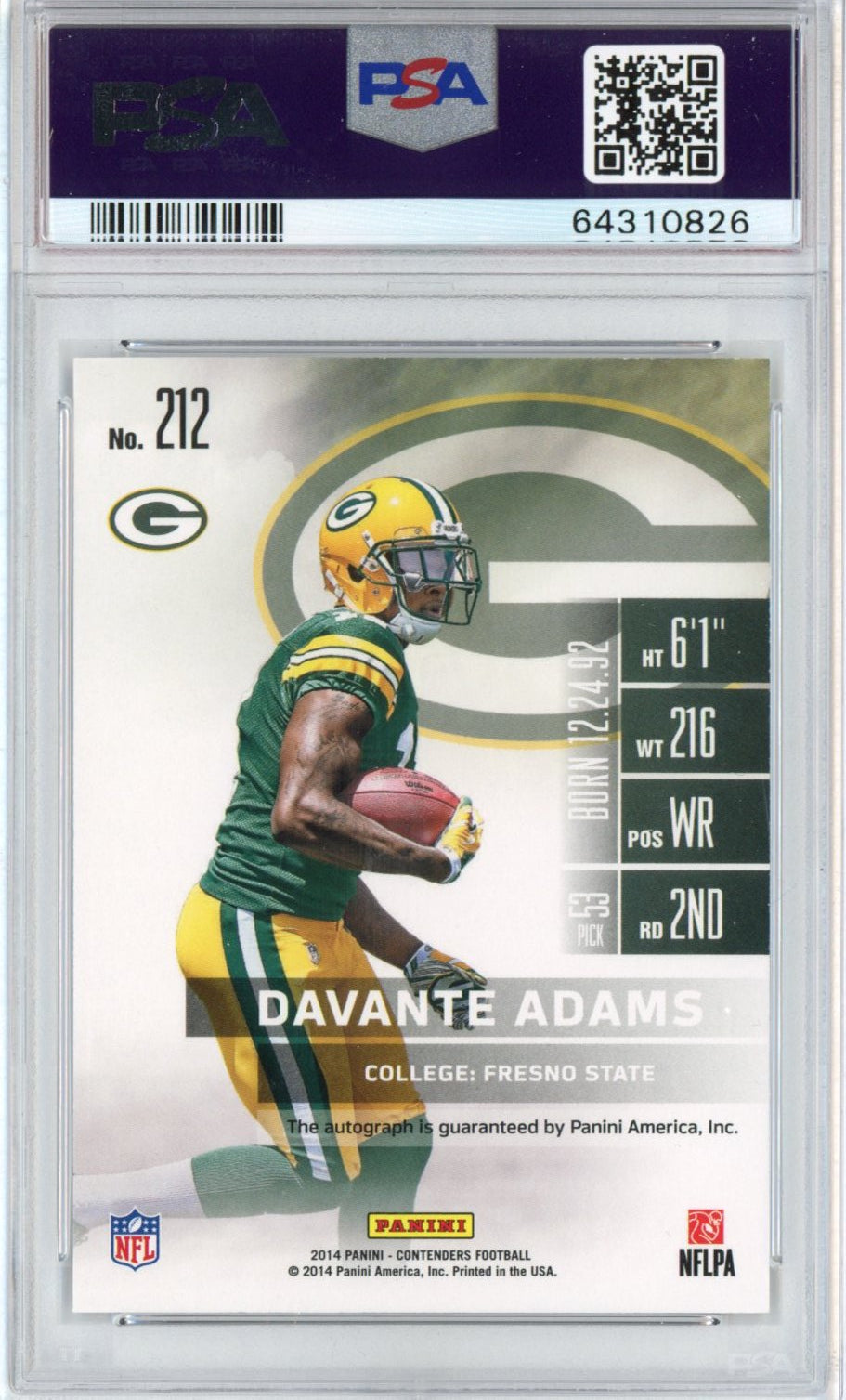 Graded 2014 Panini Contenders Davante Adams #212 Running To Side Autographed Auto Rookie Ticket RC Football Card PSA 10 Gem Mint
