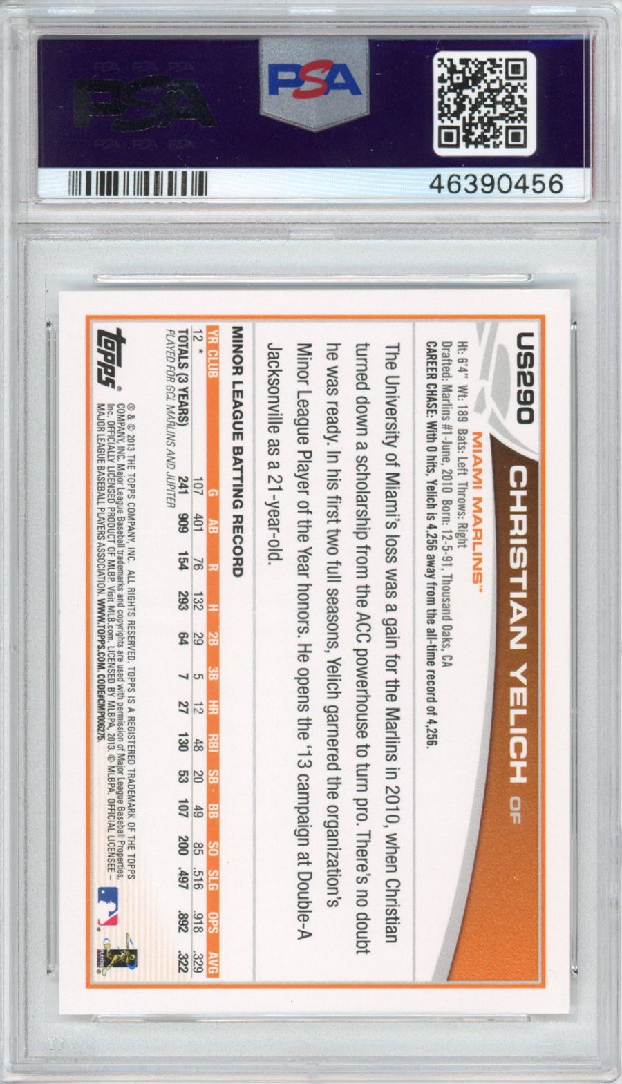 Graded 2013 Topps Update Christian Yelich #US290 Rookie RC Baseball Card PSA 10 Gem Mint