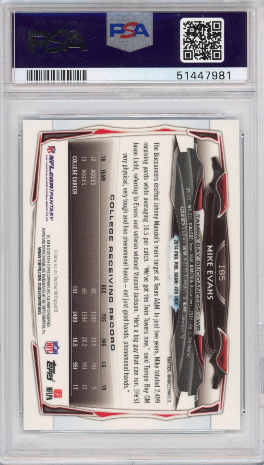Graded 2014 Topps Chrome Mike Evans #185 Ball in Right Hand Rookie RC Football Card PSA 10 Gem Mint