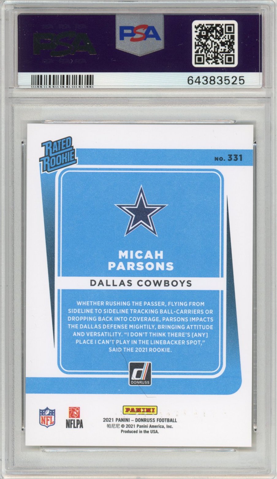 Graded 2021 Panini Donruss Micah Parsons #331 Press Proof Premium Rated Rookie RC Football Card PSA 10 Gem Mint