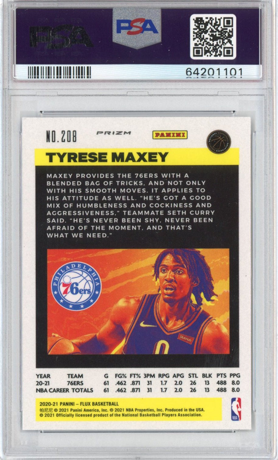 Graded 2020-21 Panini Flux Tyrese Maxey #208 Light Blue Rookie RC Basketball Card PSA 10 Gem Mint
