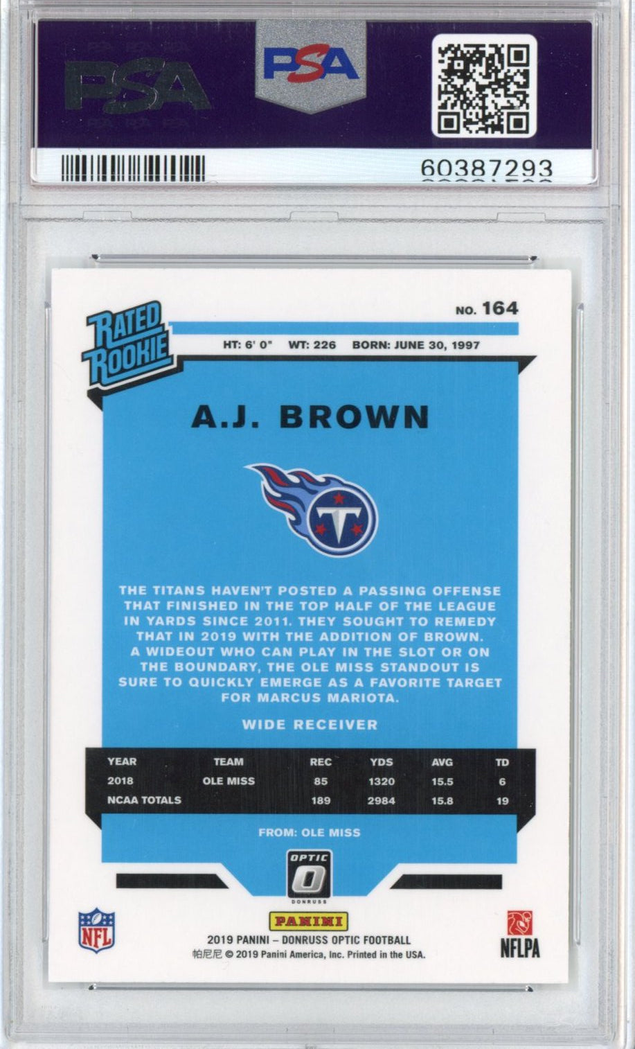 Graded 2019 Panini Donruss Optic A.J. Brown #164 Rookie RC Football Card PSA 10 Gem Mint