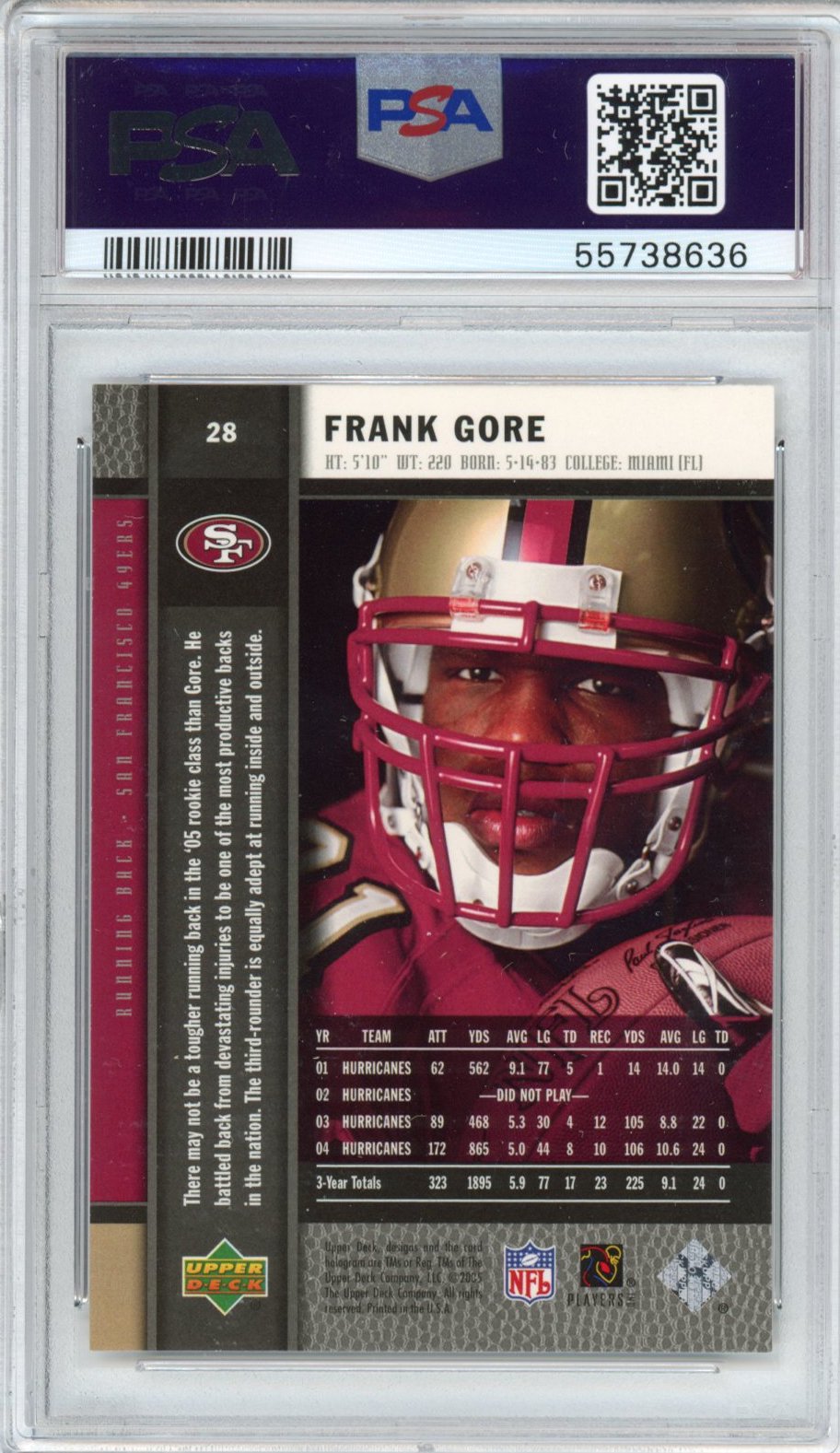Graded 2005 Upper Deck UD Premiere Frank Gore #28 Rookie RC Football Card PSA 10 Gem Mint