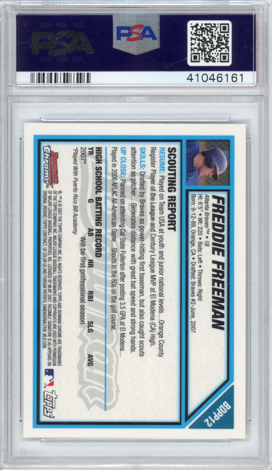 Graded 2007 Bowman Chrome Draft Picks & Prospects Freddie Freeman #BDPP12 Rookie RC Baseball Card PSA 10 Gem Mint