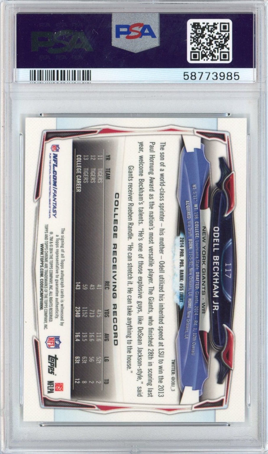 Graded 2014 Topps Chrome Odell Beckham Jr. #117 Auto Facing Forward Rookie RC Football Card PSA 10 Gem Mint