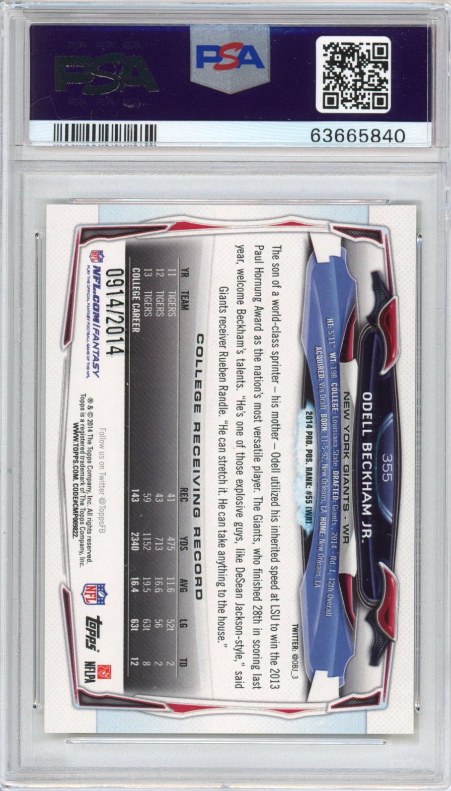 Graded 2014 Topps Odell Beckham Jr. #355 Gold Facing Forward Rookie RC Football Card PSA 10 Gem Mint