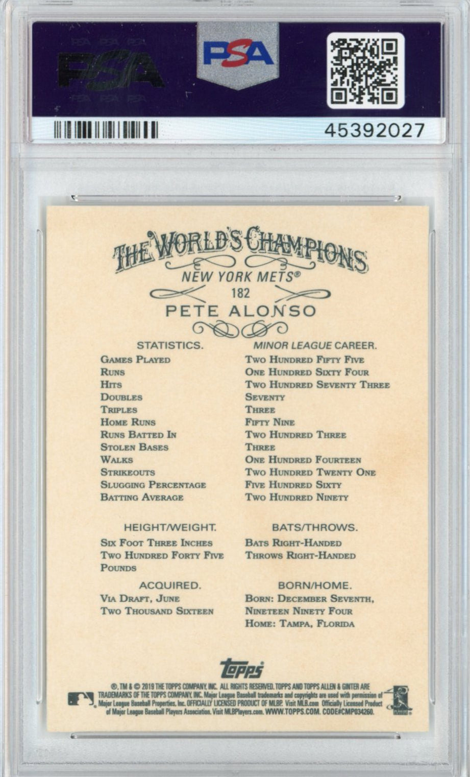 Graded 2019 Topps Allen & Ginter Pete Alonso #182 Rookie RC Baseball Card PSA 10 Gem Mint