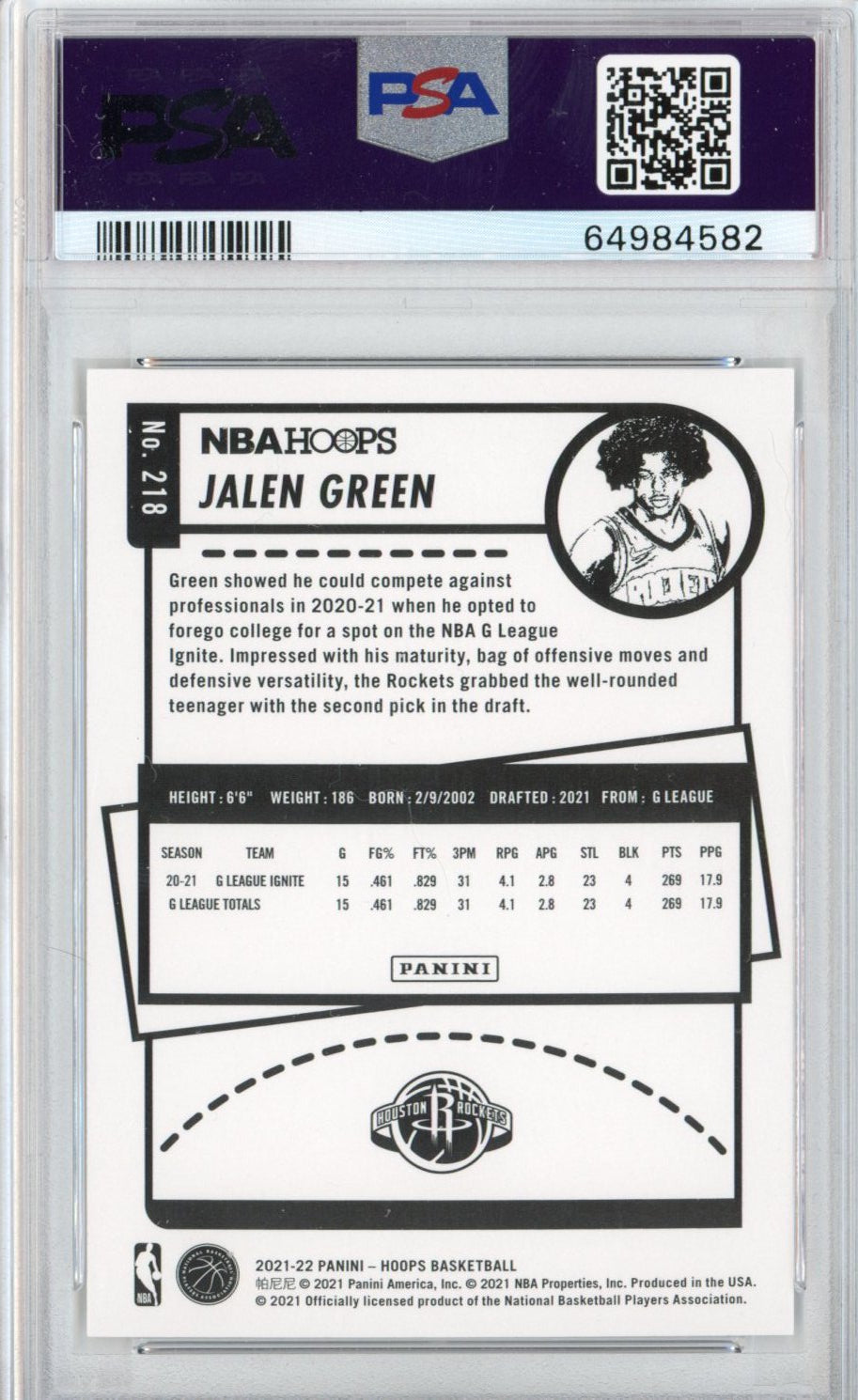 Graded 2021-22 Panini NBA Hoops Jalen Green #218 Rookie RC Basketball Card PSA 10 Gem Mint