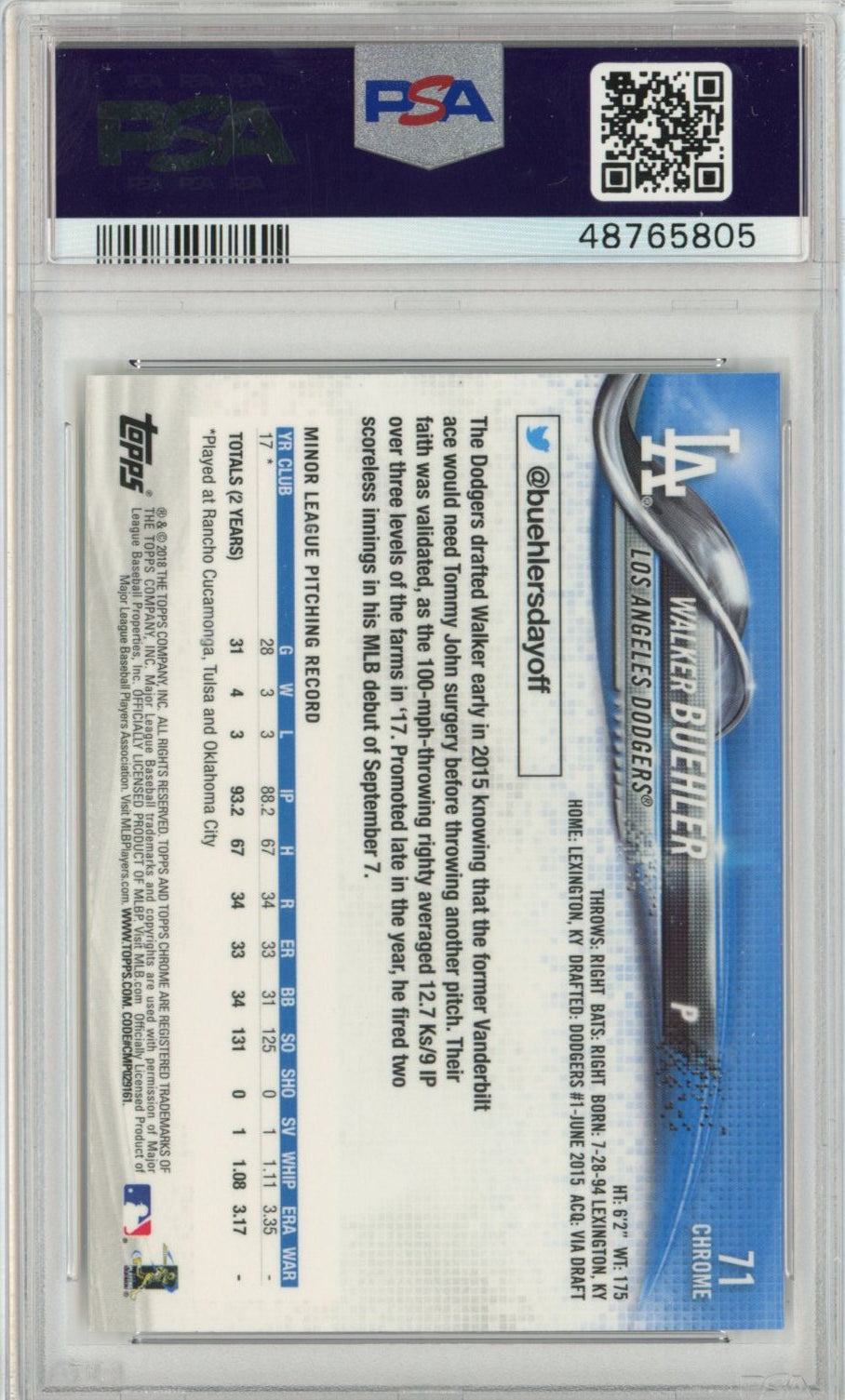 Graded 2018 Topps Chrome Walker Buehler #71 Rookie RC Baseball Card PSA 10 Gem Mint