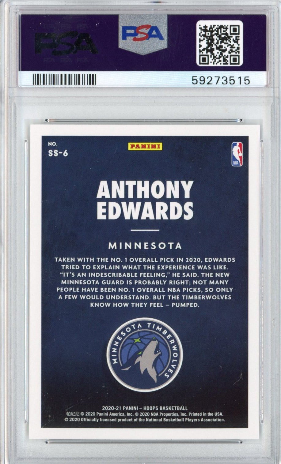 Graded 2020-21 Panini Hoops Anthony Edwards #SS6 Now Playing Rookie RC Basketball Card PSA 10 Gem Mint