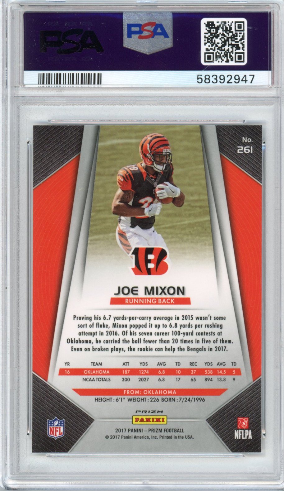 Graded 2017 Panini Prizm Joe Mixon #261 Silver Prizm Rookie RC Football Card PSA 10 Gem Mint