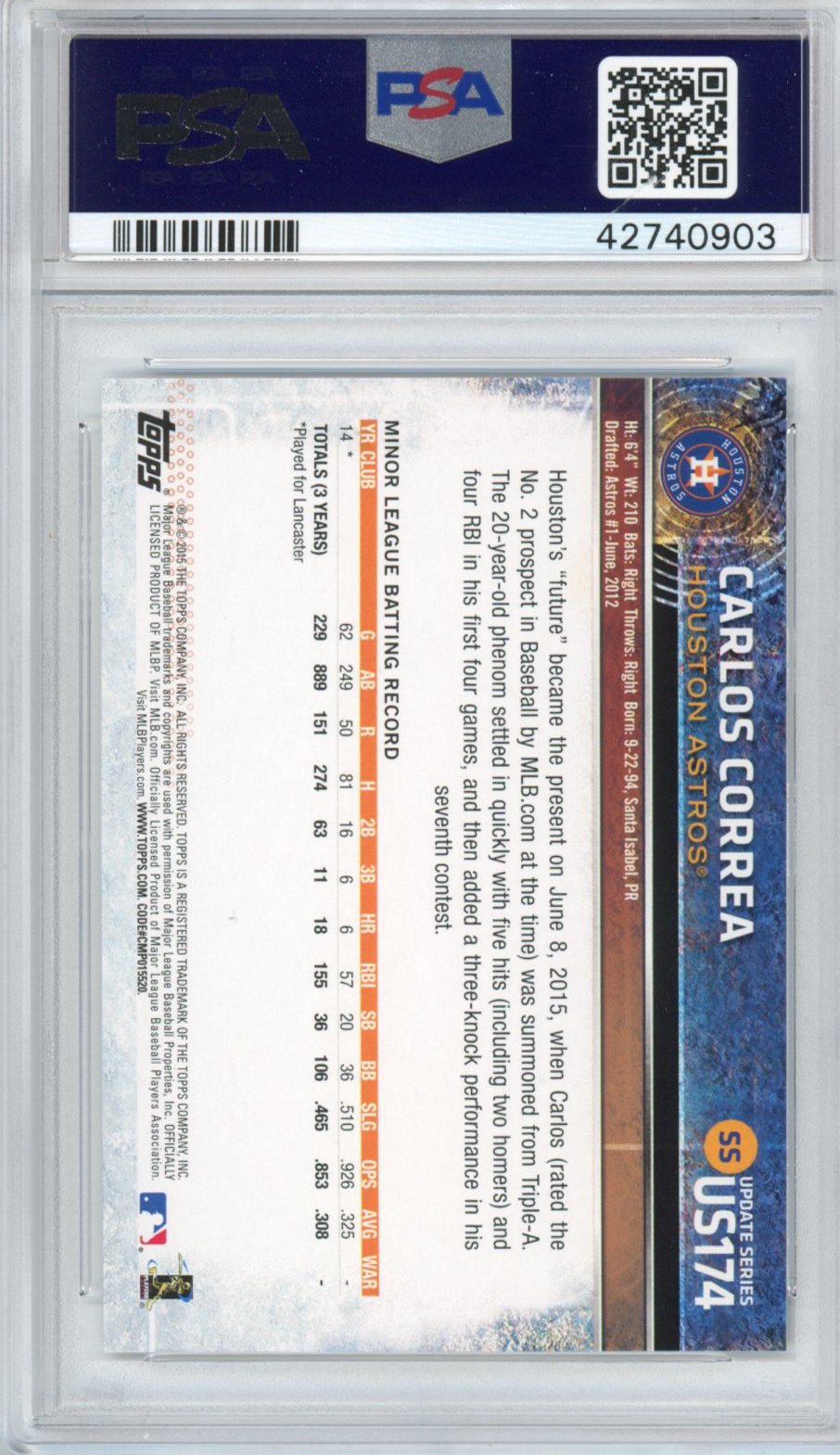 Graded 2015 Topps Update Carlos Correa #US174 Catching Rookie RC Baseball Card PSA 10 Gem Mint