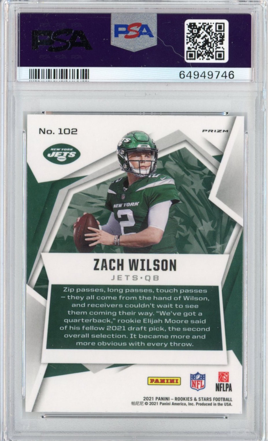 Graded 2021 Panini Rookies & Stars Zach Wilson #102 Pulsar Prizm Rookie RC Football Card PSA 10 Gem Mint