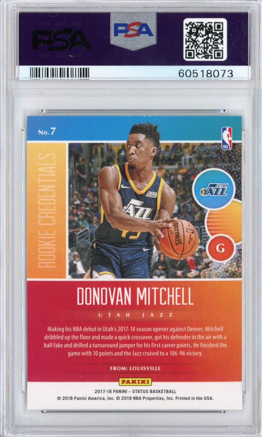 Graded 2017-18 Panini Status Donovan Mitchell #7 Rookie Credentials RC Basketball Card PSA 10 Gem Mint