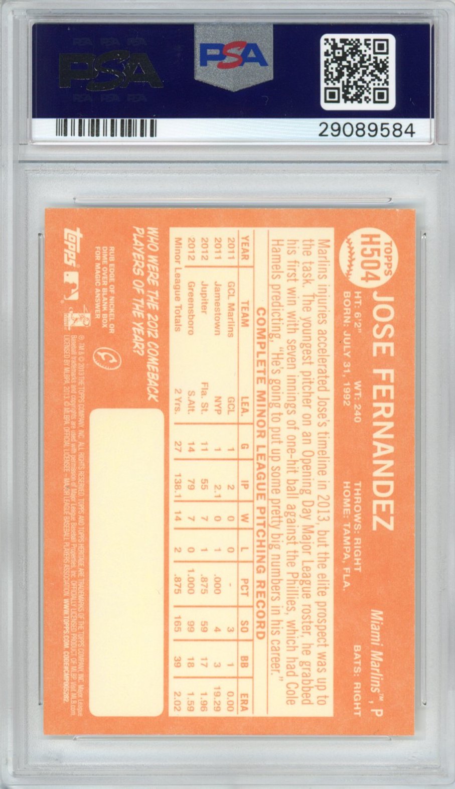 Graded 2013 Topps Heritage Jose Fernandez #H504 Rookie RC Baseball Card PSA 10 Gem Mint