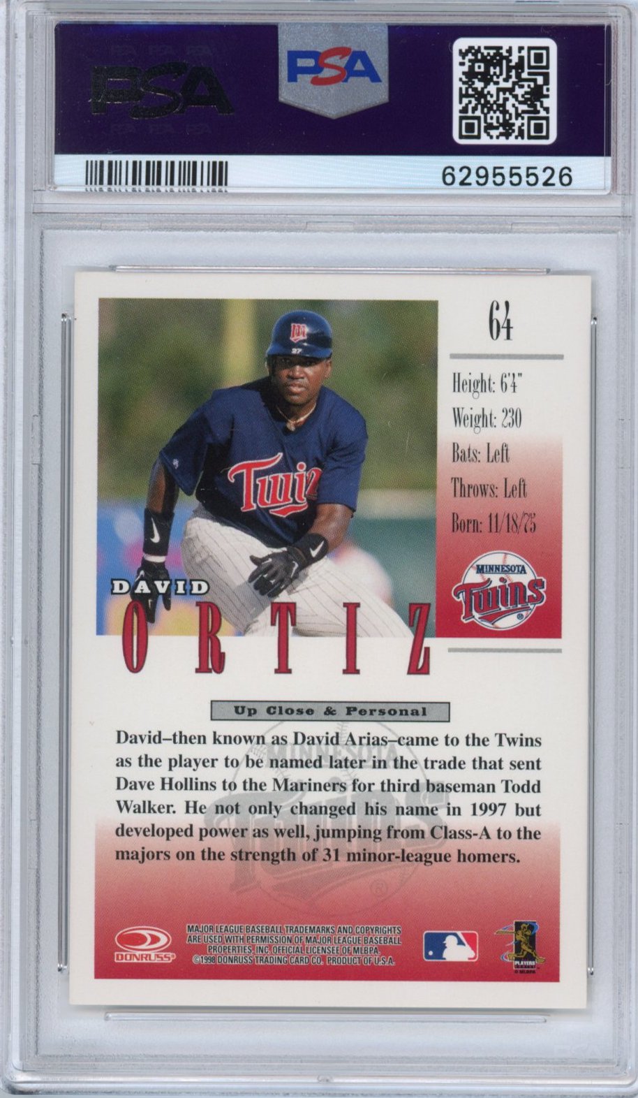 Graded 1998 Donruss Studio David Ortiz #64 Rookie RC Baseball Card PSA 9 Mint