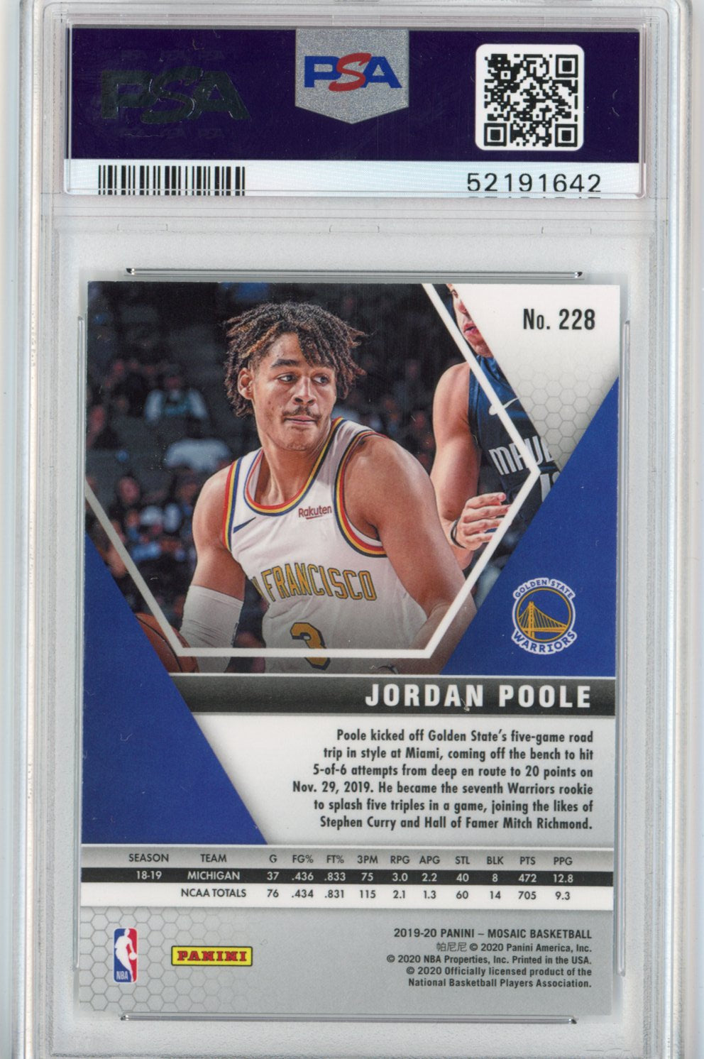 Graded 2019-20 Panini Mosaic Jordan Poole #228 Rookie RC Basketball Card PSA 10 Gem Mint