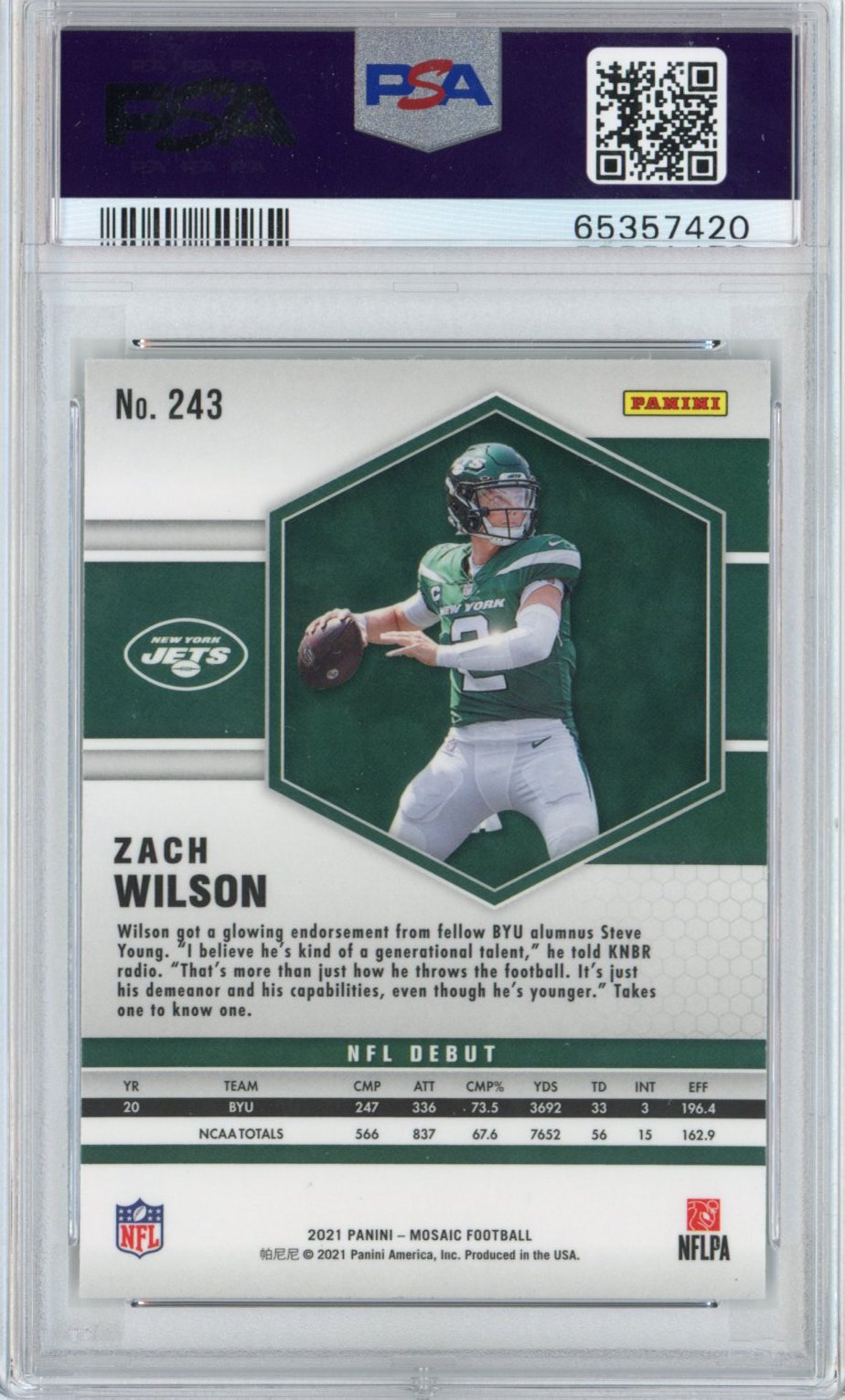 Graded 2021 Panini Mosaic Zach Wilson #243 Rookie RC Football Card PSA 10 Gem Mint