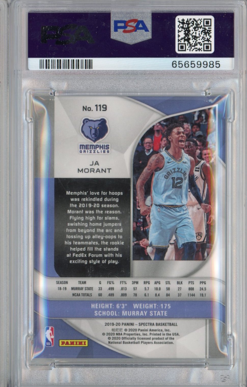 Graded 2019-20 Panini Spectra Ja Morant #119 Rookie RC Basketball Card PSA 10 Gem Mint