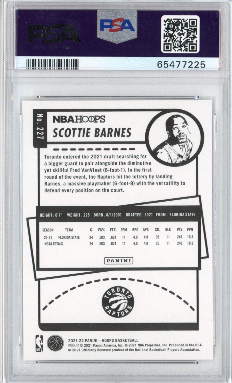 Graded 2021-22 Panini NBA Hoops Scottie Barnes #227 Rookie RC Basketball Card PSA 10 Gem Mint