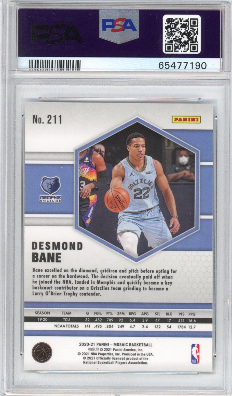 Graded 2020-21 Panini Mosaic Desmond Bane #211 Rookie RC Basketball Card PSA 10 Gem Mint