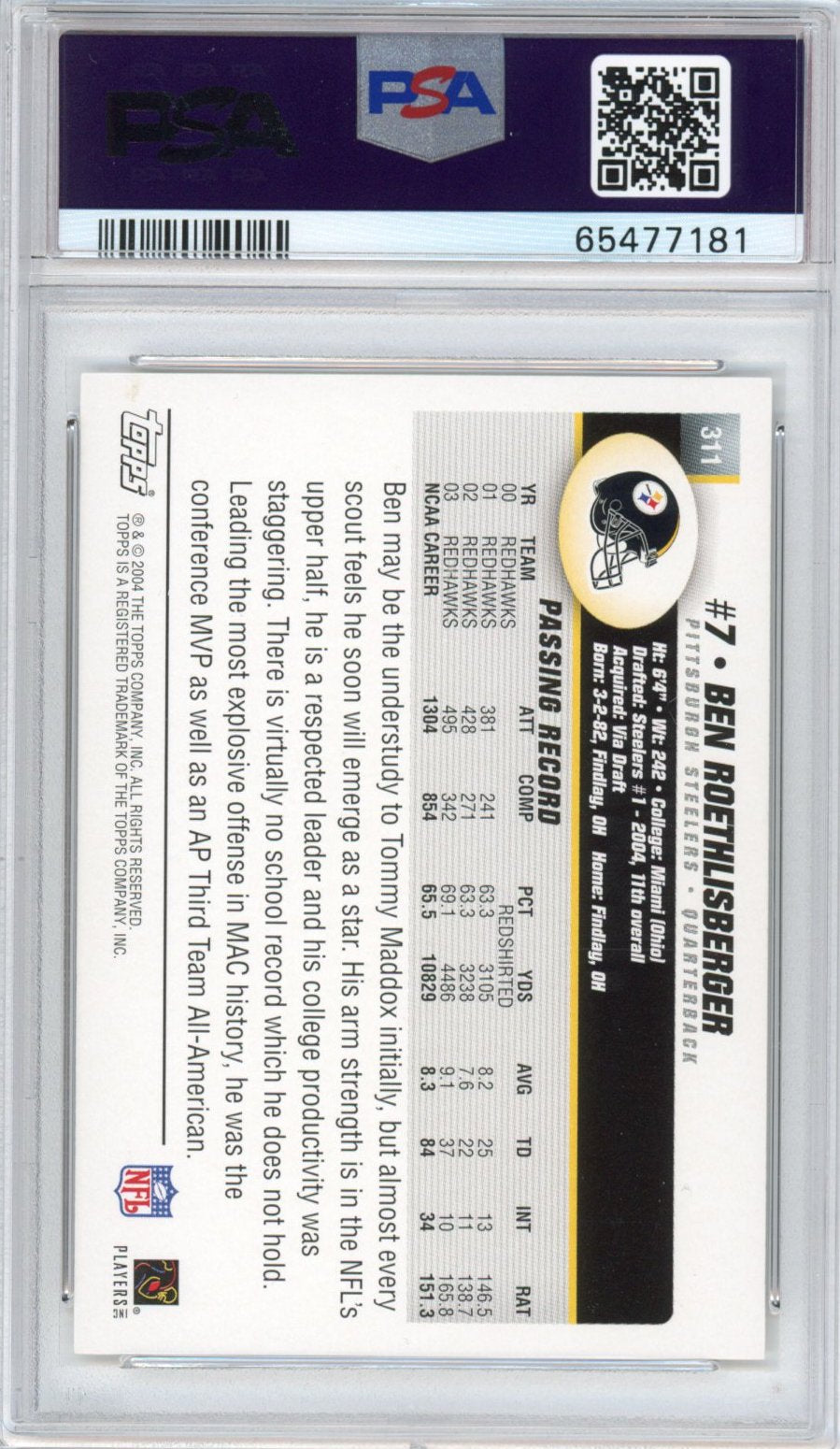 Graded 2004 Topps Ben Roethlisberger #311 Rookie RC Football Card PSA 10 Gem Mint