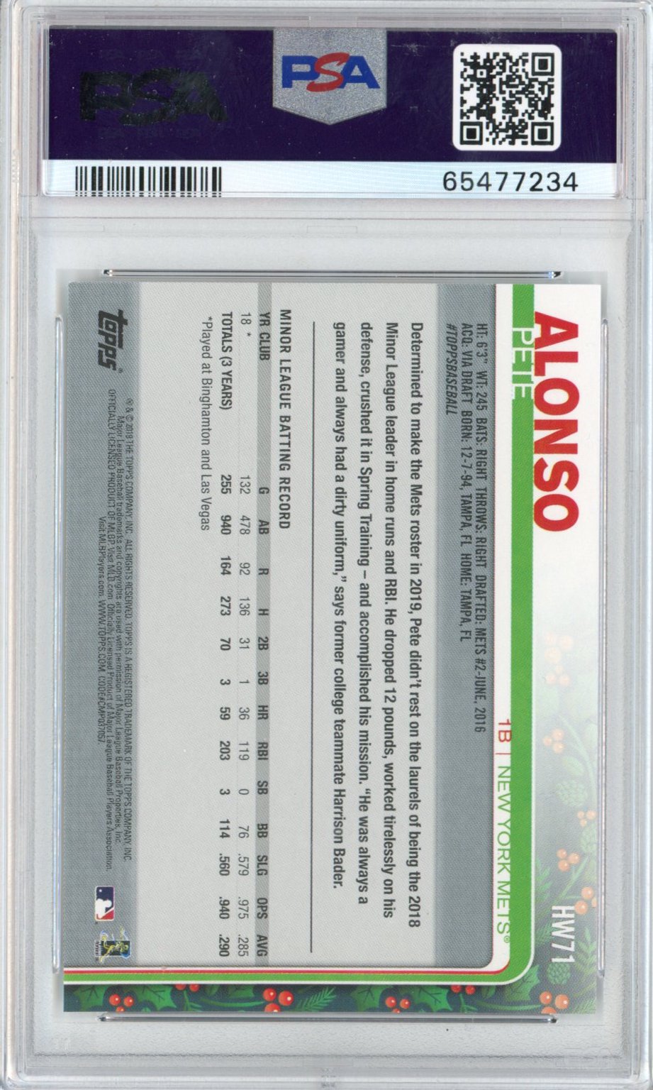 Graded 2019 Topps Holiday Pete Alonso #71 Rookie RC Baseball Card PSA 9 Mint