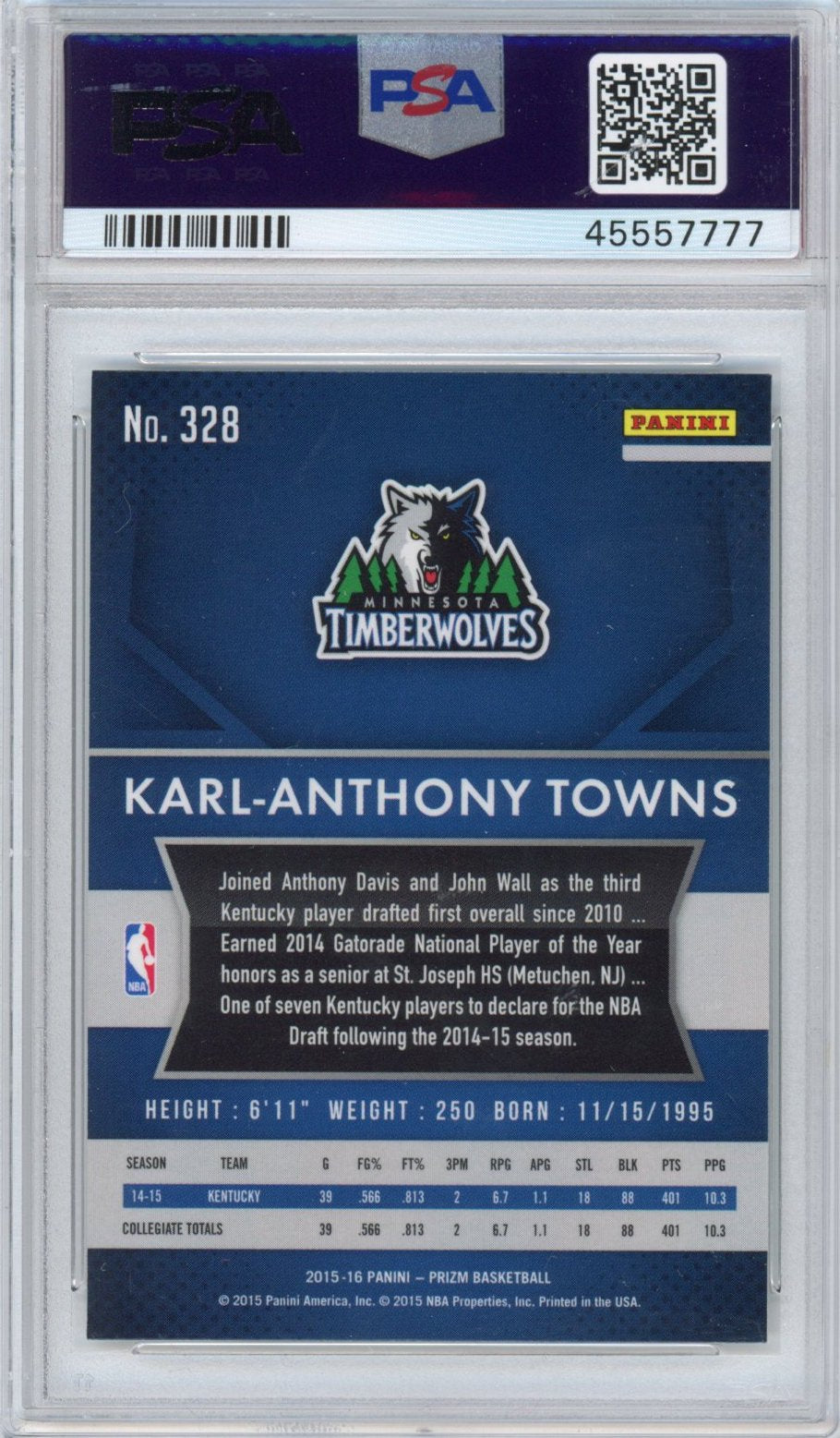Graded 2015-16 Panini Prizm Karl-Anthony Towns #328 Rookie RC Basketball Card PSA 10 Gem Mint