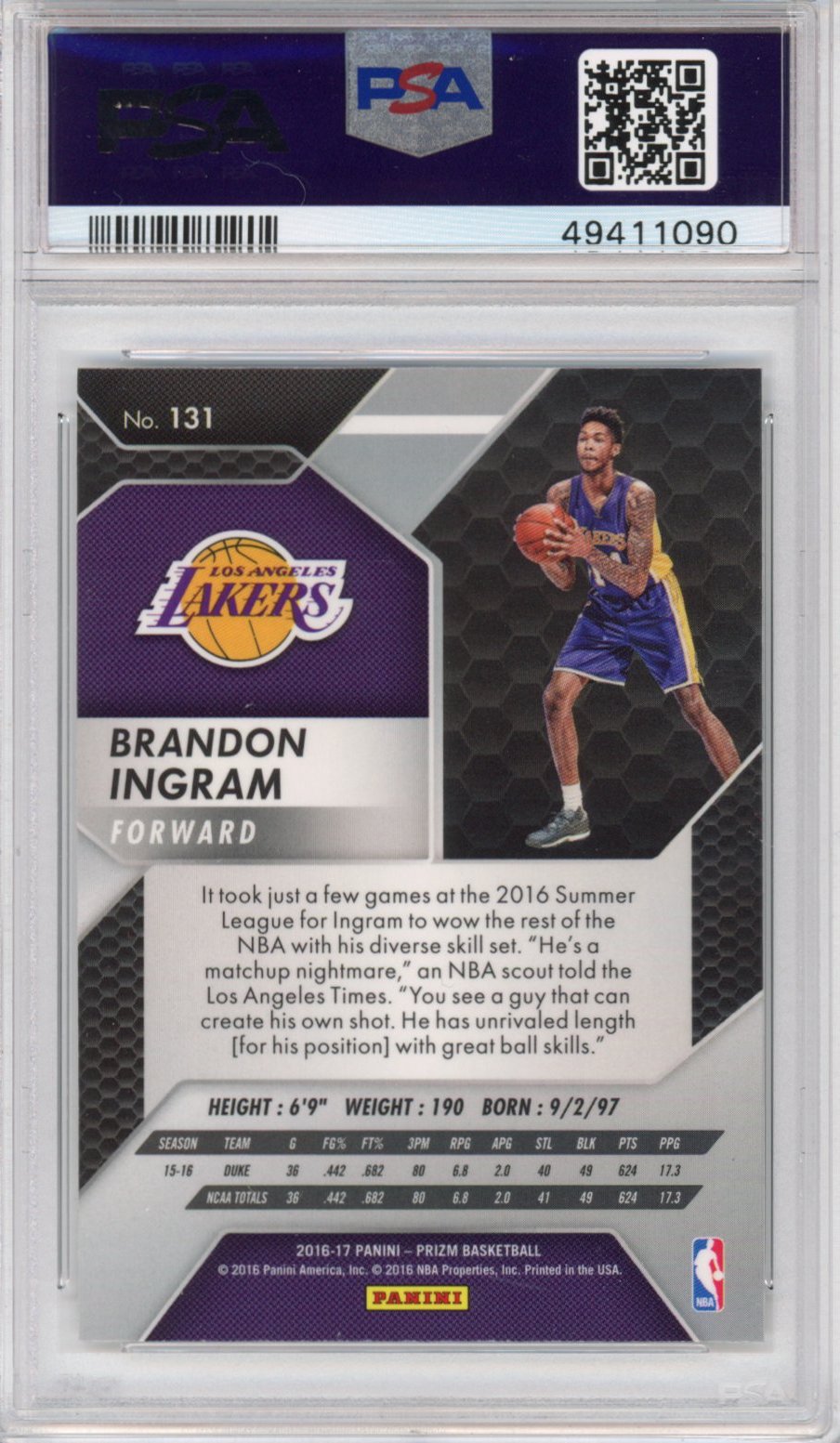 Graded 2016-17 Panini Prizm Brandon Ingram #131 Rookie RC Basketball Card PSA 10 Gem Mint