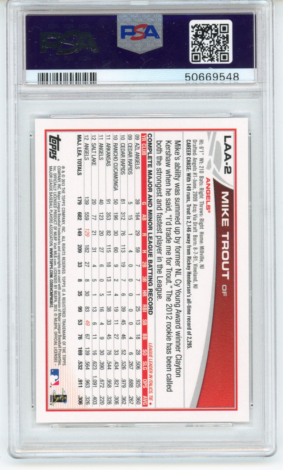 Graded 2013 Topps Angels Mike Trout #LAA-2 Sliding Rookie Cup RC Baseball Card PSA 10 Gem Mint