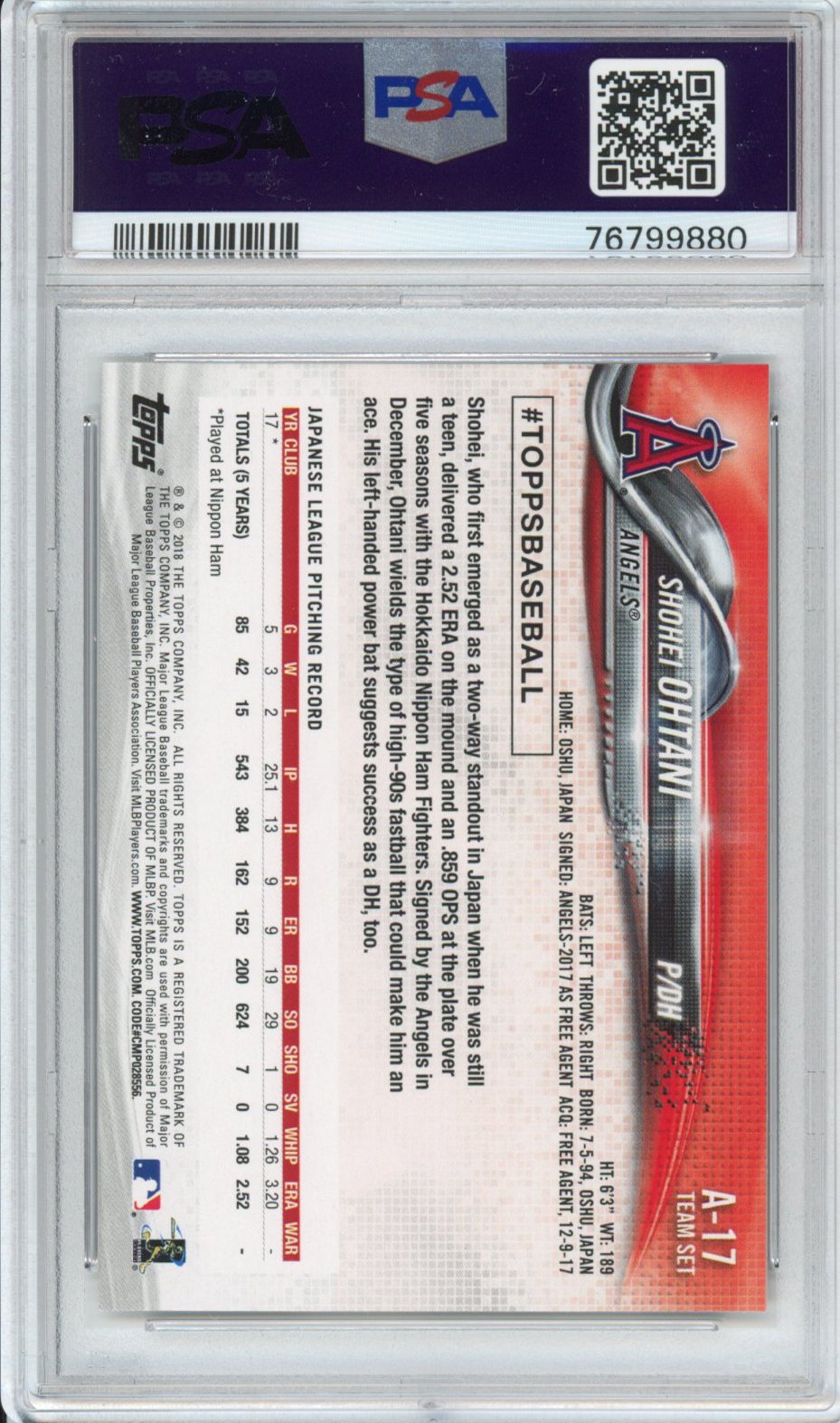 Graded 2018 Topps Team Set Shohei Ohtani #A-17 Los Angeles Angels Rookie RC Baseball Card PSA 8 Near Mint
